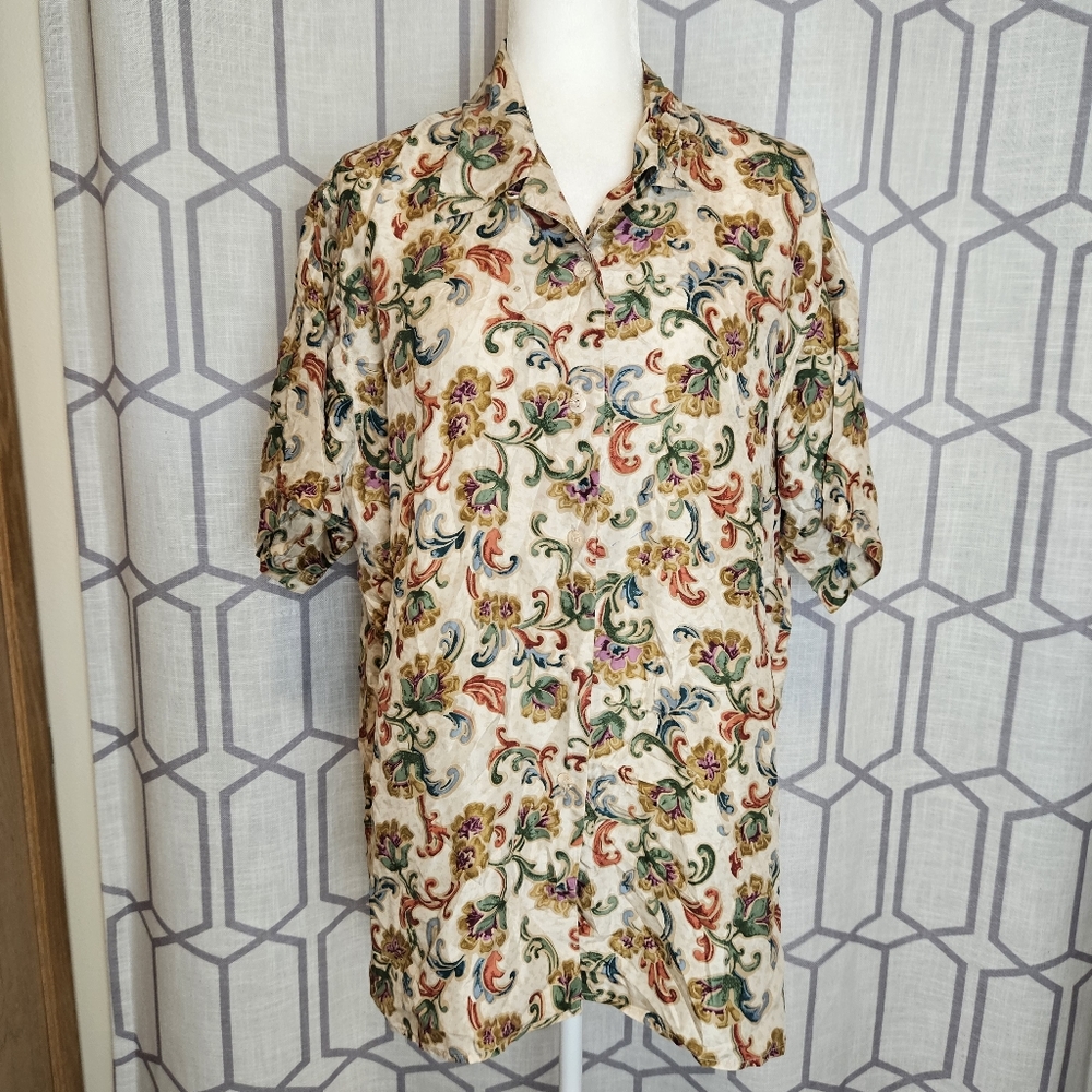 Stunt Collections vintage women's button-down shirt floral silk size  1X